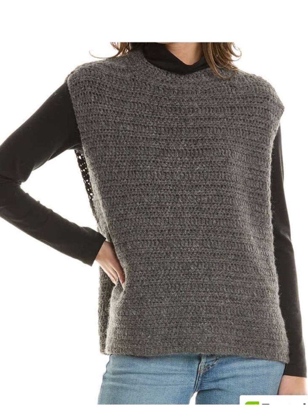 Eileen Fisher Baby Alpaca Gray Crochet Knit Mock Neck Boxy Sweater Vest Small